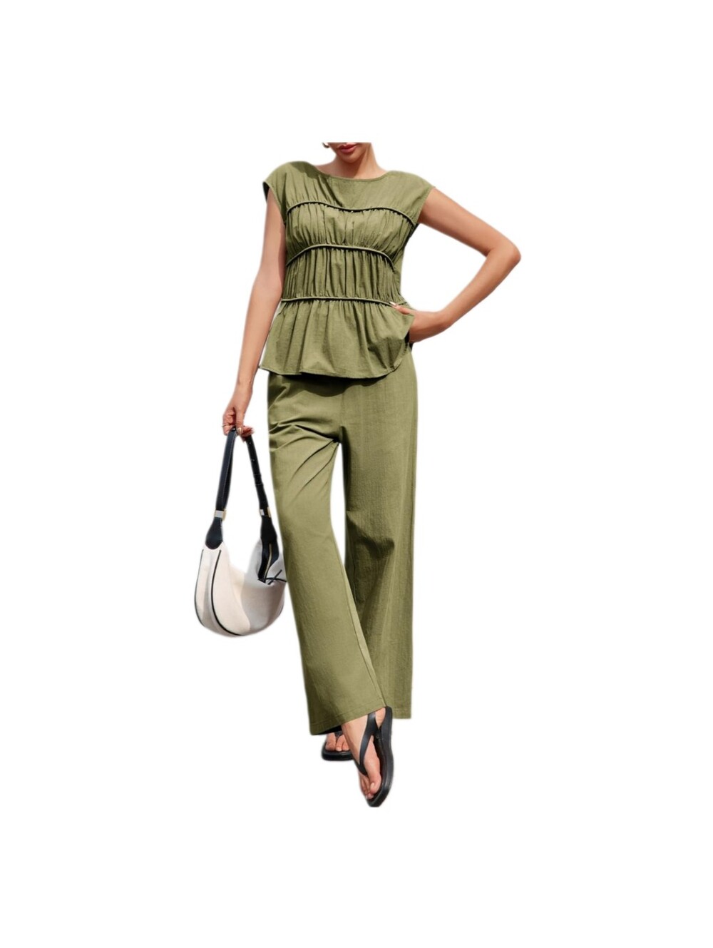 Tankaneo 2 Piece Sets Summer Linen Babydoll Peplum Pleated Tank Top & Pants NWT